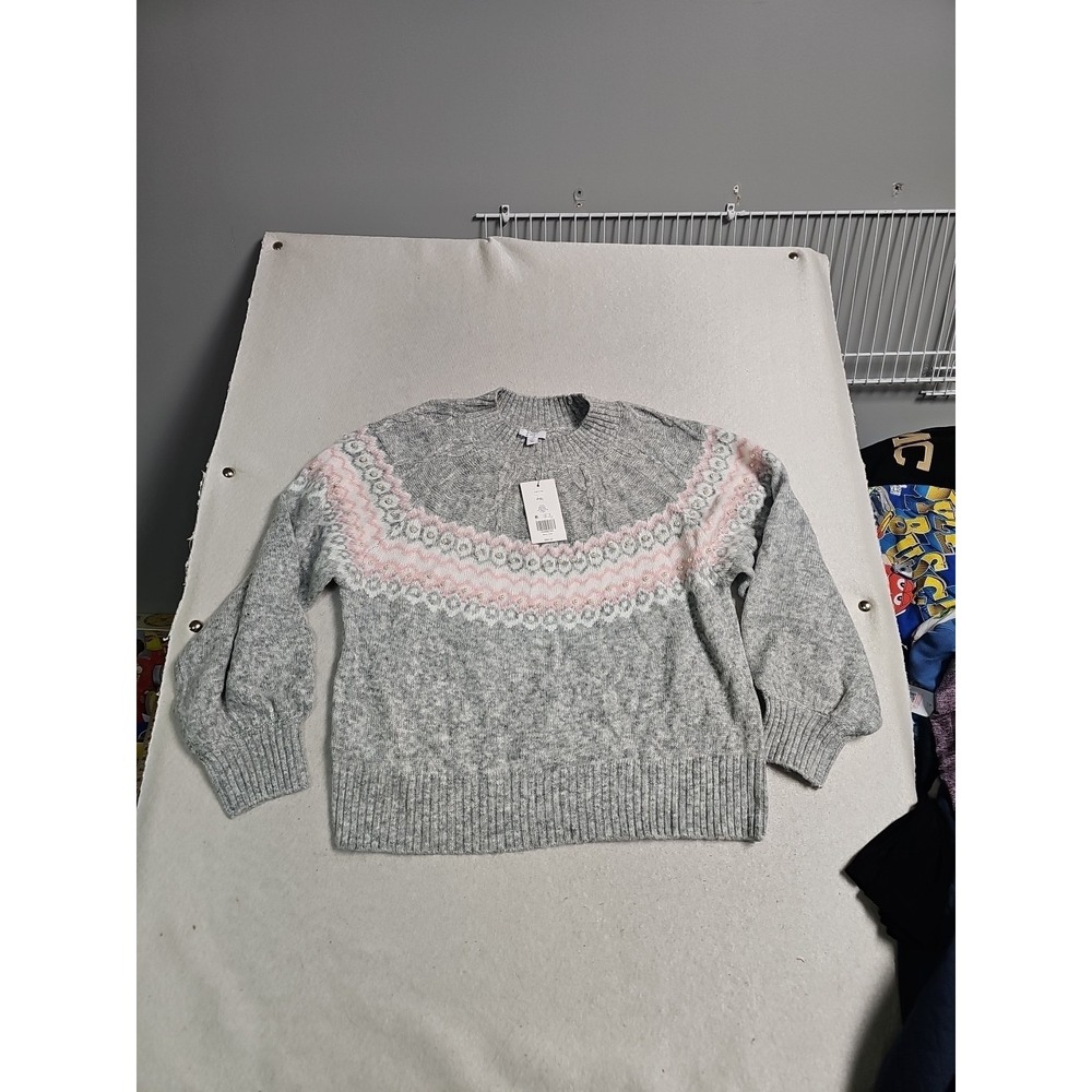 Crown & Ivy‎ Petite PXL Gray Pink Fair Isle Pearl Embellished Sweater NWT